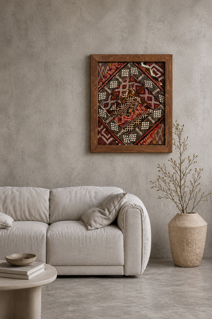 Malika - Œuvre Murale Encadrée en Tapis Marocains