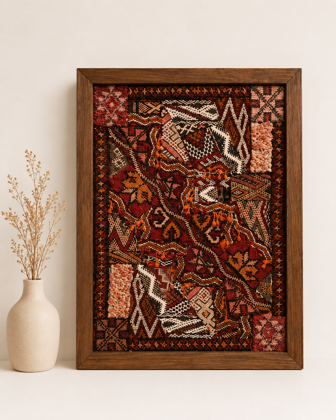 Haiba- Œuvre Murale Encadrée en Tapis Marocains